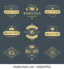 Wedding logos and badges vector and design elements set. Vintage typography titles for save the date invitations cards, decoration ornaments and symbols.