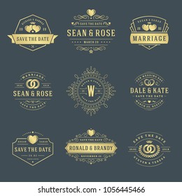 Wedding logos and badges vector and design elements set. Vintage typography titles for save the date invitations cards, decoration ornaments and symbols.