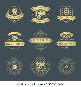 Wedding logos and badges vector and design elements set. Vintage typography titles for save the date invitations cards, decoration ornaments and symbols.