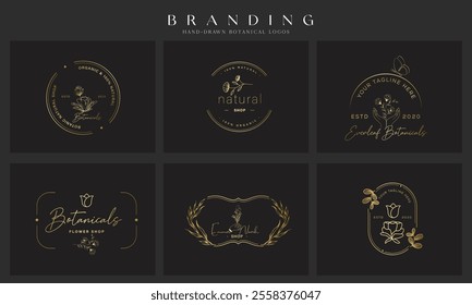 Wedding logos, botanical logo, floral frame for labels, hand drawn elegant, delicate and minimalist monogram collection. Botanical vector design