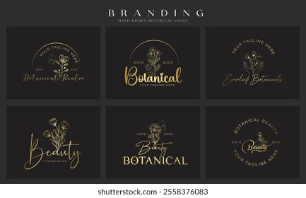 Wedding logos, botanical logo, floral frame for labels, hand drawn elegant, delicate and minimalist monogram collection. Botanical vector design