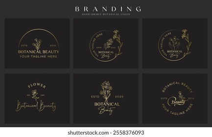 Wedding logos, botanical logo, floral frame for labels, hand drawn elegant, delicate and minimalist monogram collection. Botanical vector design