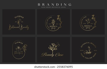 Wedding logos, botanical logo, floral frame for labels, hand drawn elegant, delicate and minimalist monogram collection. Botanical vector design