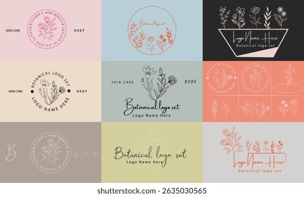 Wedding logos collection with flowers. Elegant delicate and minimalist monogram. Hand drawn botanical vector design