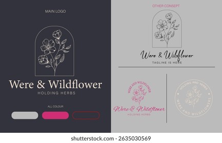 Wedding logos collection with flowers. Elegant delicate and minimalist monogram. Hand drawn botanical vector design