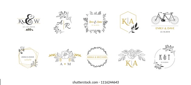 Wedding logos, hand drawn elegant, delicate monogram collection - Shutterstock ID 1116244643