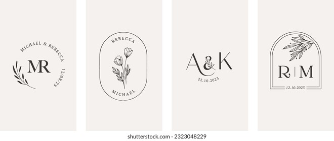 Wedding logos, hand drawn elegant, delicate and minimalist monogram collection. Botanical vector design