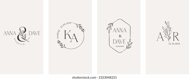 Wedding logos, hand drawn elegant, delicate and minimalist monogram collection. Botanical vector design