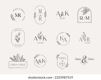 Wedding logos, hand drawn elegant, delicate and minimalist monogram collection. Botanical vector design