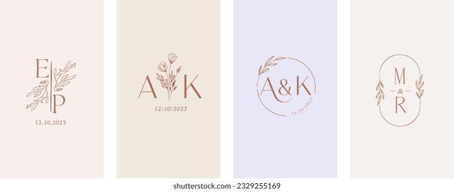 Wedding logos, hand drawn elegant, delicate and minimalist monogram collection. Botanical vector design