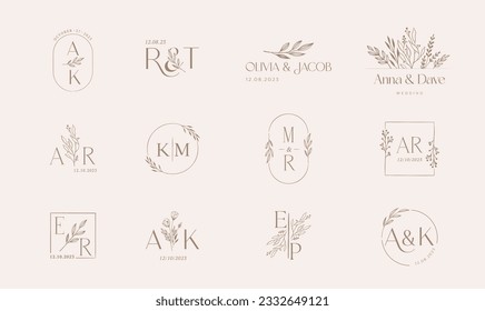 Logotipos de bodas, colección de monogramas de corte elegante, delicado y minimalista dibujada a mano. Diseño de vectores botánicos