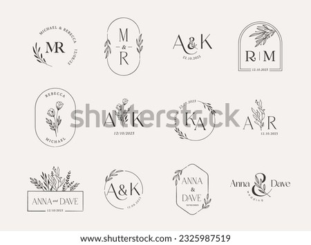 Wedding logos, hand drawn elegant, delicate and minimalist monogram collection. Botanical vector design