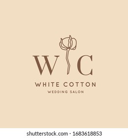 Wedding logos in minimal trendy style. Liner floral labels and badges - Vector Icon, Sticker, Stamp, Tag with Cotton Flower for wedding salon and bridal shop dresses