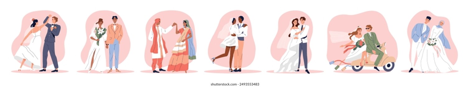 Conjunto de parejas de amor de Boda. Matrimonio de novios multiculturales felices. Recién casados en vestido blanco y esmoquin. Gente romántica. Colección de Ilustración vectorial plana aislada sobre fondo blanco