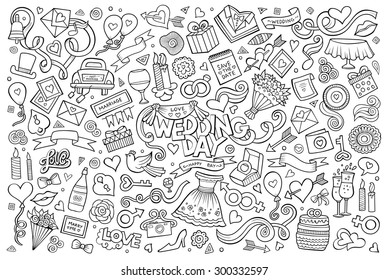 Wedding and love doodles hand drawn sketchy vector symbols and objects