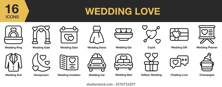 Wedding Love icon set. Includes romantic, wedding, love, celebration, marriage, and More. Outline icons vector collection.