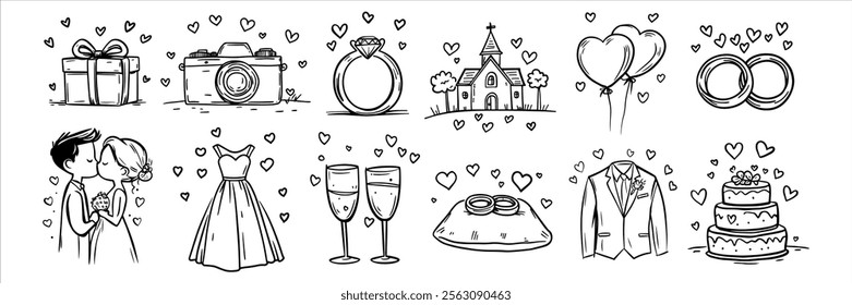 wedding love icons illustrated hand drawn in doodle style, wedding rings, engagement ring, wedding couple, glasses and hearts