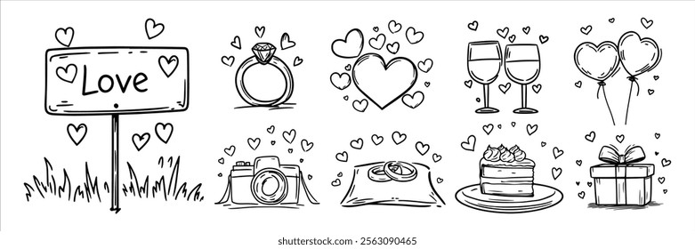 wedding love icons illustrated hand drawn in doodle style, hearts, engagement ring, wedding cake, balloons