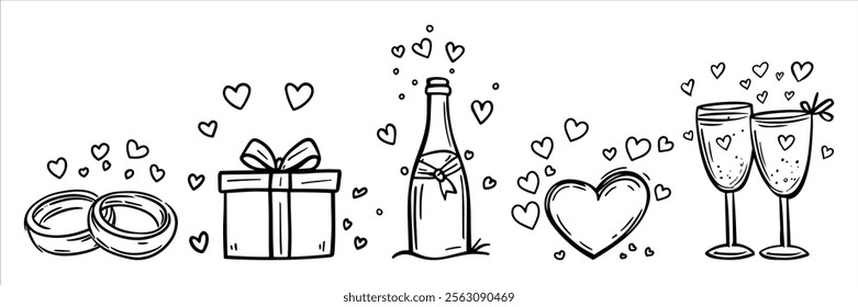 wedding love icons illustrated hand drawn in doodle style, rings, hearts and champagne