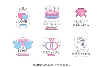 Wedding and Love Logo Design with Dove, Engagement Ring and Heart Vector Set