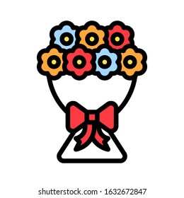 wedding and love related flower bouquet with bow vector with editable stroke