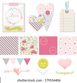 Wedding / love / romance  design elements collection. Vector set with shabby chic seamless pattern, fabric hearts, photo frame.
