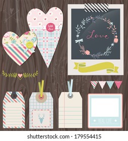 Wedding / love / romance  design elements collection. Vector set with shabby chic fabric hearts, photo frame, gift tags on wooden background
