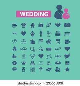 wedding, love, romance icons set, vector