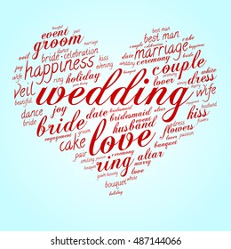 Wedding and love word cloud in shape of heart