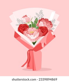 Wedding luxuroious bouquet concept. Beautiful pink flowers. Romantic gift and present. Poster or banner for website. Cartoon flat vector illustration isolated on pink background