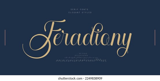 Wedding luxury alphabet letters font with tails. Typography italic elegant classic serif fonts and number decorative vintage retro for logo branding. vector illustration - Shutterstock ID 2249838909