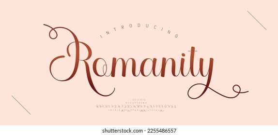 Wedding luxury alphabet letters font with tails. Typography elegant classic serif fonts and number decorative vintage retro for logo branding. vector illustration