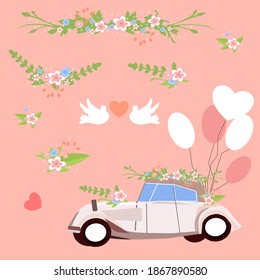 Wedding machine and flowers, a vector graphics