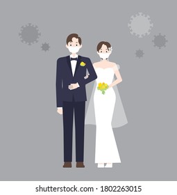 A wedding of a male and female couple wearing masks because of the coronavirus. Flat illustration that can be resized.