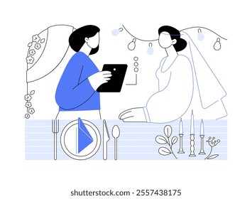 Wedding management isolated cartoon vector illustrations. Wedding organizer talking with bride, discussing event plans, entertainment business, professional service sector vector cartoon.