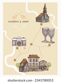 Mapa de bodas, tarjeta. Ilustración vectorial de una invitación a la boda.