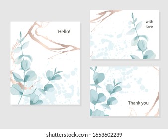 Wedding marble card set with eucalyptus branches. Abstract background with gold elements. Template invitation. Vector illustration. 