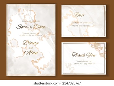 Wedding marble invitations golden lines. Beige marble background. Pastel shades. Save the date, thanks. Card design for certificate. Golden lines of flowers. Vector art template set