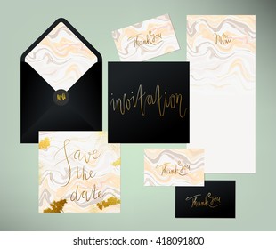 Wedding marble textured invitation suite. Invitation card, menu and envelope vector templates with peach pink and grey liquid acrylic drips and hand written golden calligraphy elements.