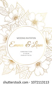 Wedding mariage event invitation card template. Circle ring round wreath border frame with wild rose rosa canina cherry sakura flowers bloom blossom. Luxury shiny golden style. Text placeholder.