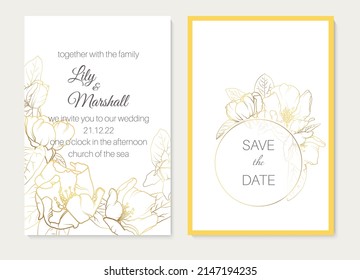 Wedding mariage event invitation card template. Border frame with wild rose cherry sakura quince flowers bloom blossom. Save the date RSVP. Luxury shiny golden style.