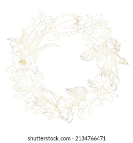 Wedding mariage event invitation wreath card template. Circle ring round wreath border frame with flowers bloom blossom. Luxury shiny golden style. Text placeholder.