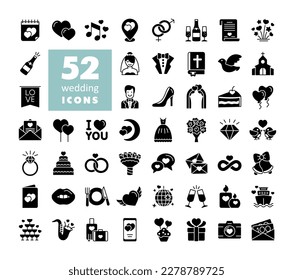 Wedding, marriage, bridal isolated glyph icon set. Vector illustration, romance elements. Sticker, patch, badge, card for marriage, valentine