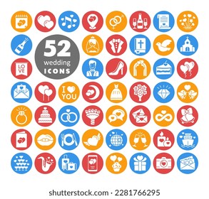 Wedding, marriage, bridal isolated glyph icon set. Vector illustration, romance elements. Sticker, patch, badge, card for marriage, valentine