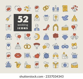 Wedding, marriage, bridal isolated icon set. Vector illustration, romance elements. Sticker, patch, badge, card for marriage, valentine