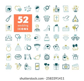 Wedding, marriage, bridal isolated icon set. Vector illustration, romance elements. Sticker, patch, badge, card for marriage, valentine