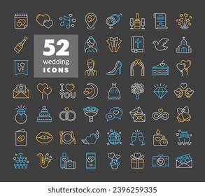 Wedding, marriage, bridal isolated on dark background icon set. Vector illustration, romance elements. Sticker, patch, badge, card for marriage, valentine