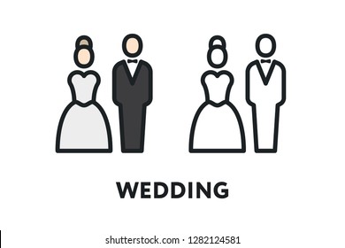 Wedding Marriage. Bride and Groom. Wife and Husband. Vector Flat Line Stroke Icon.