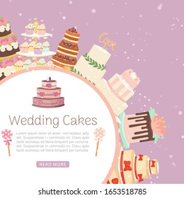 Wedding marriage cakes 3 tiered delicious with white icing decorated with cream rose, bridal cupcakes and sweets poster vector illustration. Wedding confectionary and cakes background.