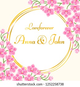 Wedding marriage card template. Horizontal landscape orientation rectangular border frame corners decorated with blooming bright pink purple orchid phalaenopsis flowers.